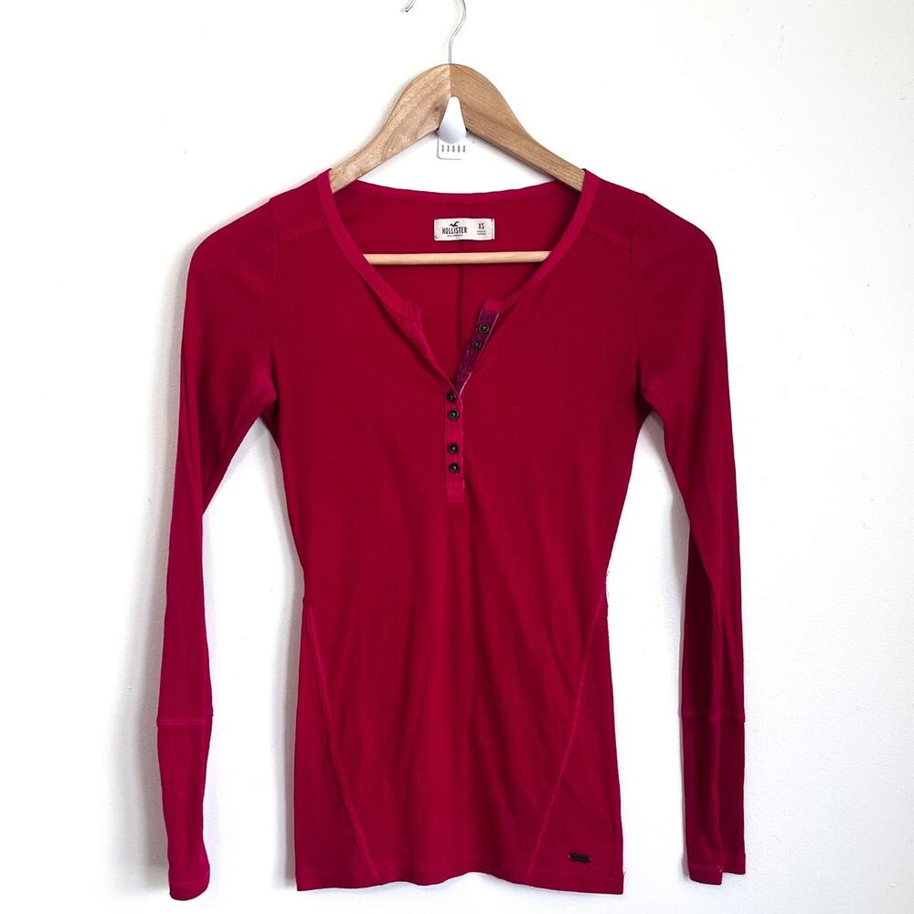 Vintage Y2K Hollister Womens Henley Top XS Red Fitted Ribbed